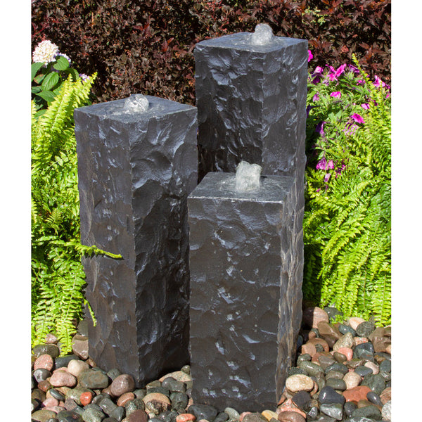 Chiseled Black Basalt Column Outdoor Fountain