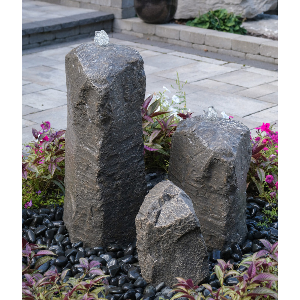 Double Cascade Stone Fountain with Accent Rock - Outdoor Fountain Pros
