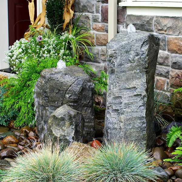 Double Cascade Stone Fountain with Accent Rock - Outdoor Fountain Pros