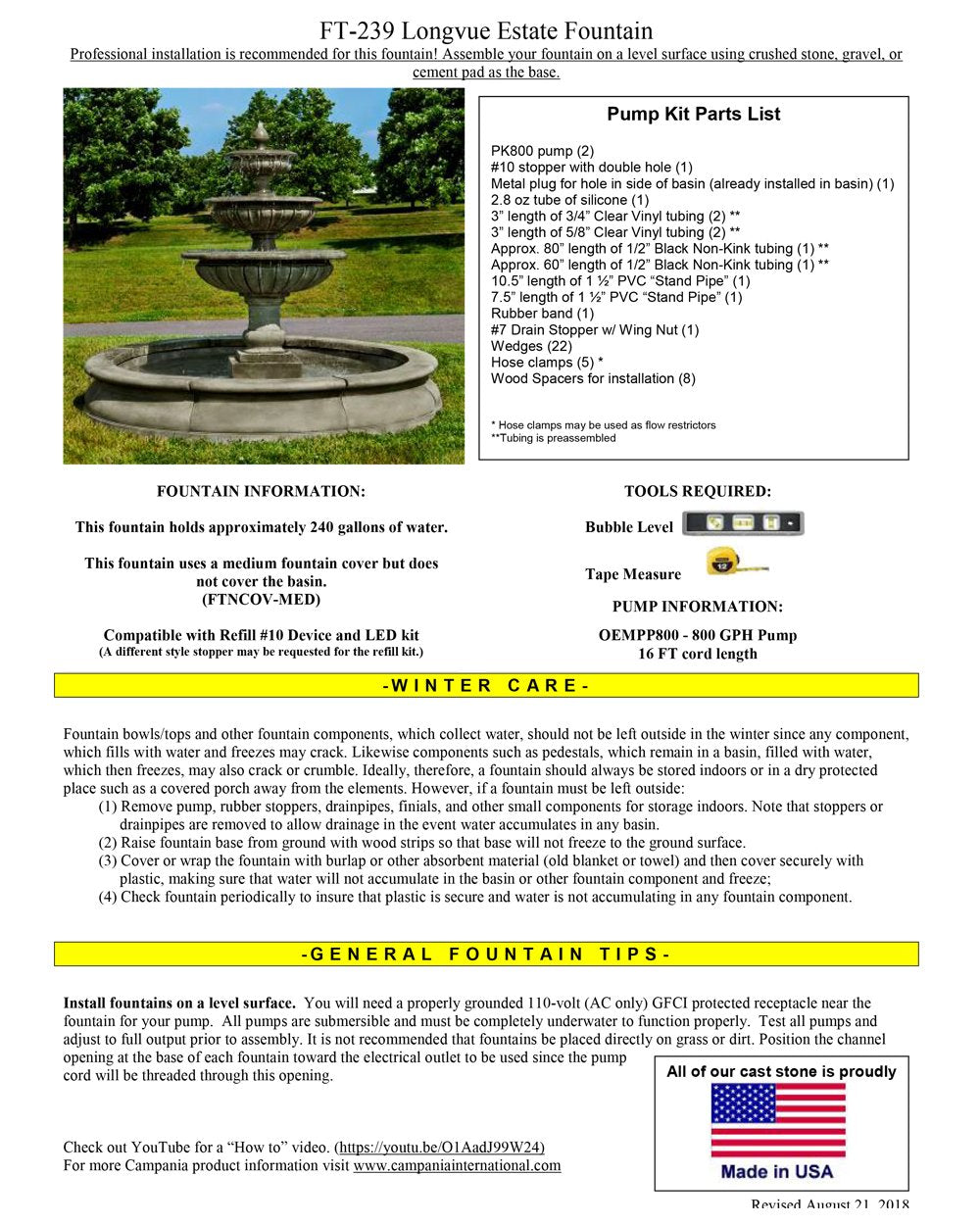 Estate Longvue Outdoor Water Fountain with Pool