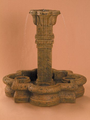 Plinth Column Garden Fountain in Quatrefoil Basin - Small